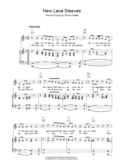 Elvis Costello New Lace Sleeves sheet music notes and chords arranged for Piano, Vocal & Guitar Chords