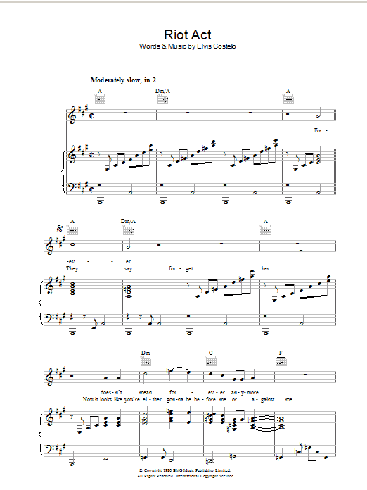 Elvis Costello Riot Act sheet music notes and chords arranged for Piano, Vocal & Guitar Chords