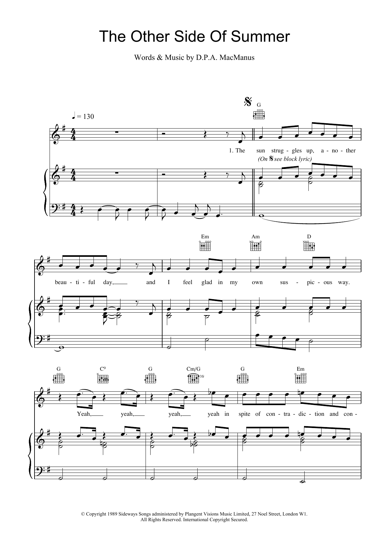 Elvis Costello The Other Side Of Summer sheet music notes and chords arranged for Piano, Vocal & Guitar Chords