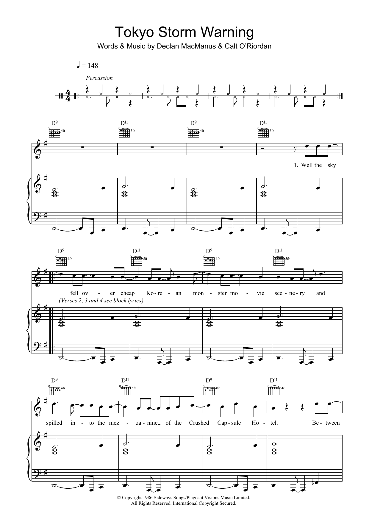 Elvis Costello Tokyo Storm Warning sheet music notes and chords arranged for Piano, Vocal & Guitar Chords