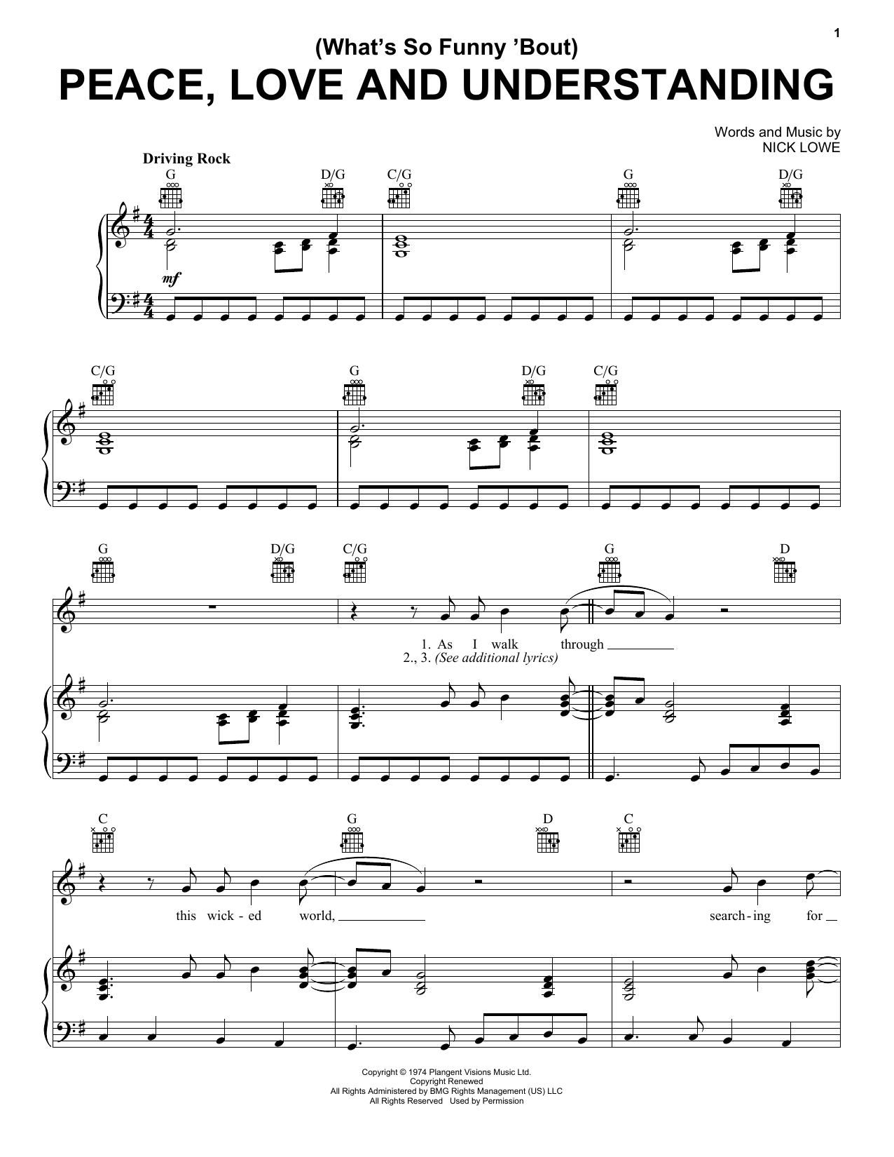 Elvis Costello (What's So Funny 'Bout) Peace, Love And Understanding sheet music notes and chords arranged for Piano, Vocal & Guitar Chords (Right-Hand Melody)