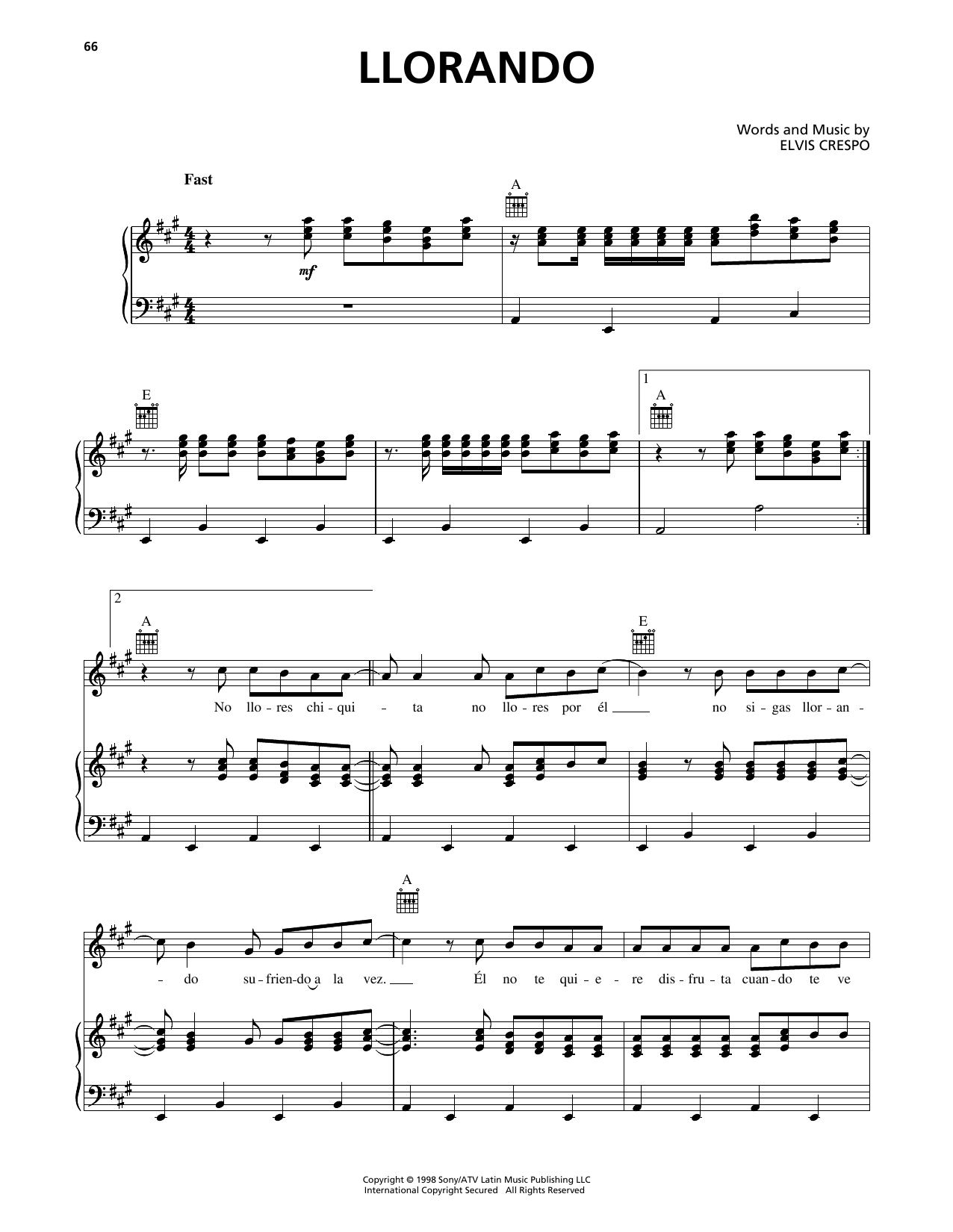 Elvis Crespo Llorando sheet music notes and chords arranged for Piano, Vocal & Guitar Chords (Right-Hand Melody)