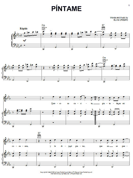 Elvis Crespo Pintame sheet music notes and chords arranged for Piano, Vocal & Guitar Chords (Right-Hand Melody)