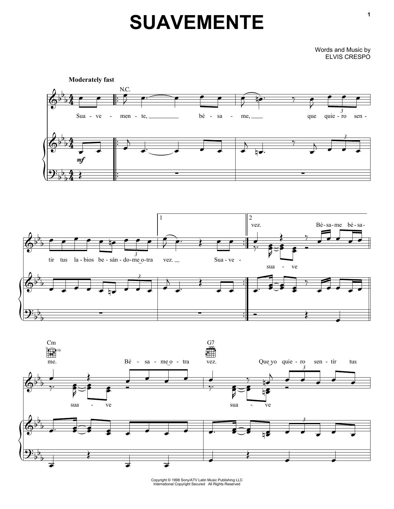 Elvis Crespo Suavemente sheet music notes and chords arranged for Piano, Vocal & Guitar Chords (Right-Hand Melody)