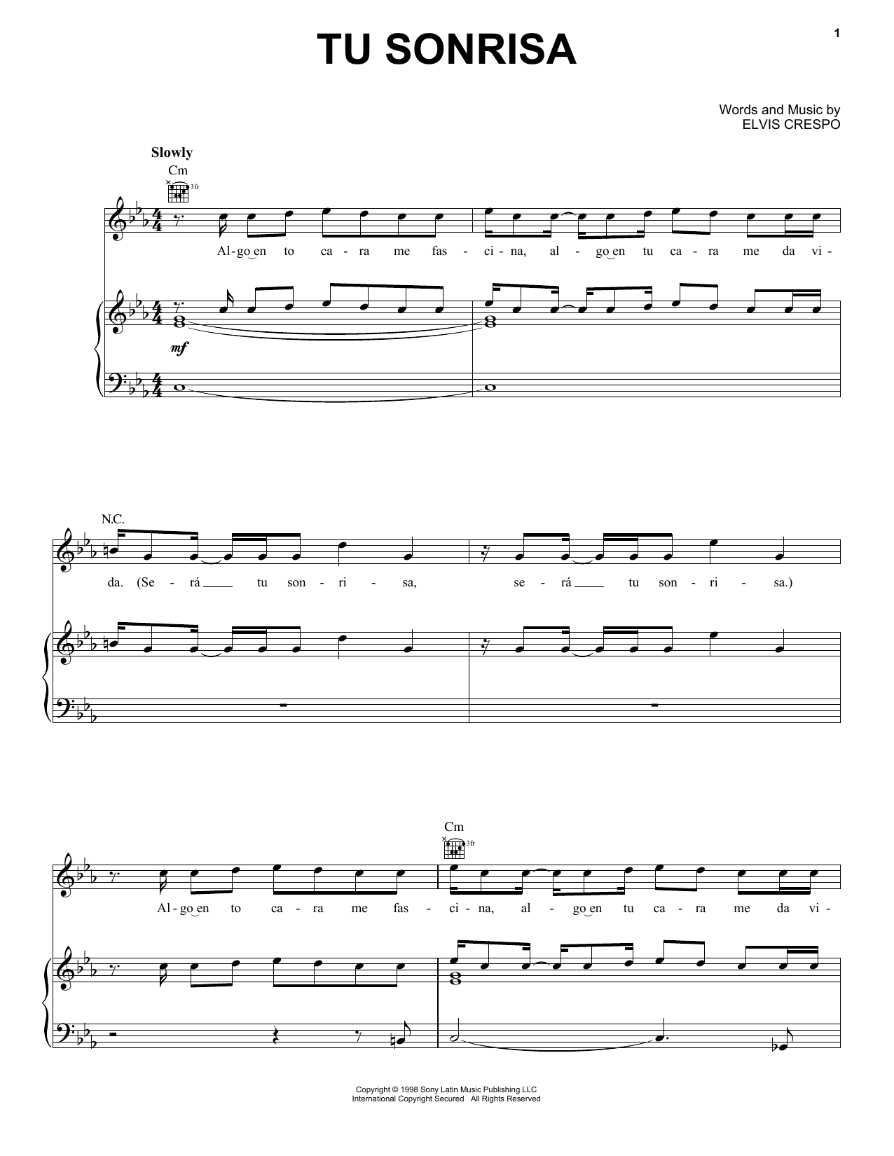 Elvis Crespo Tu Sonrisa sheet music notes and chords arranged for Piano, Vocal & Guitar Chords (Right-Hand Melody)