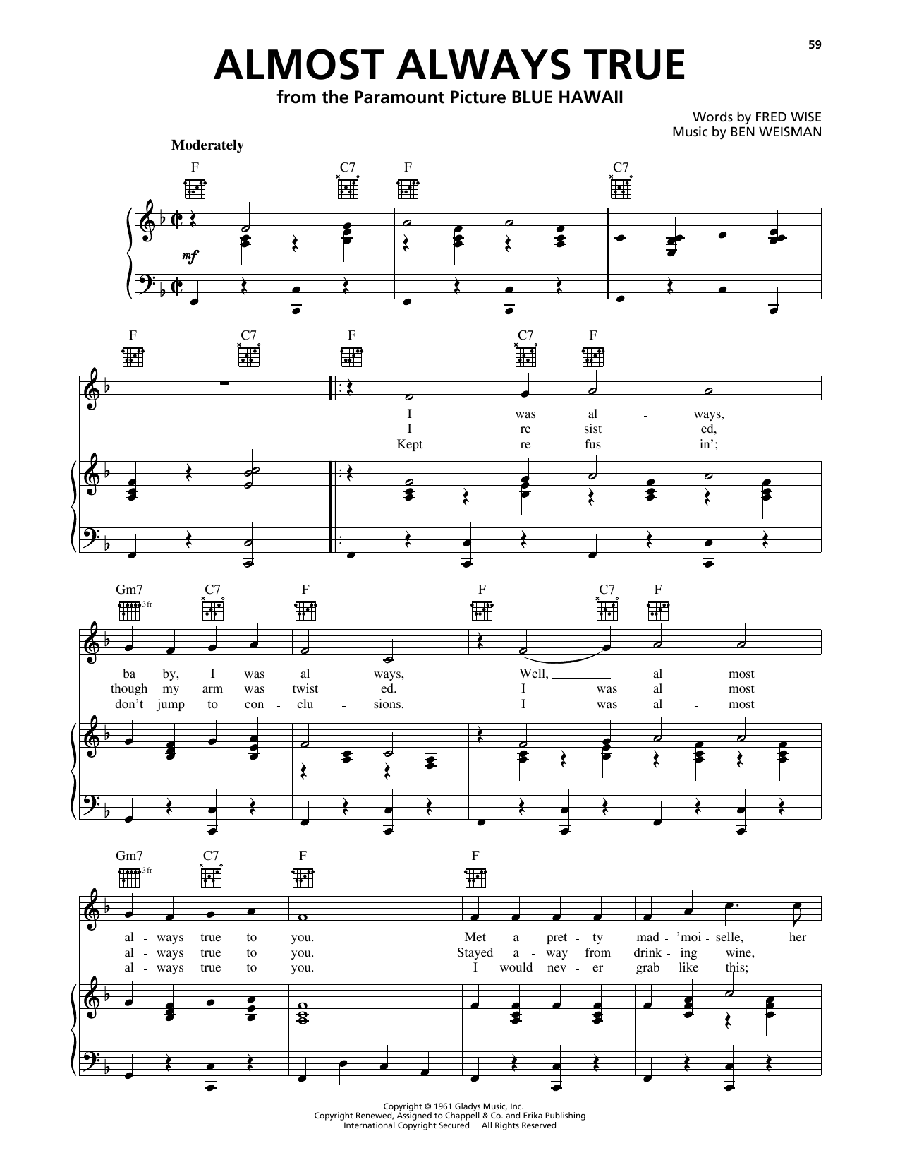 Elvis Presley Almost Always True sheet music notes and chords arranged for Piano, Vocal & Guitar Chords (Right-Hand Melody)