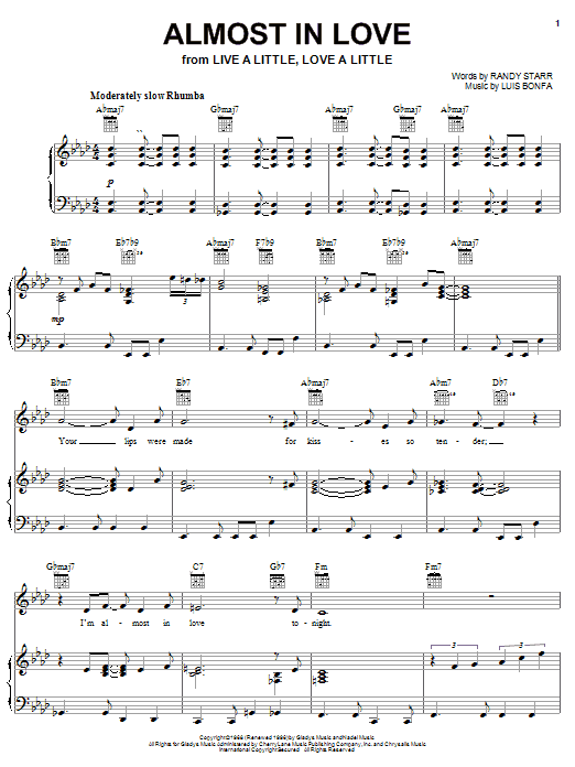 Elvis Presley Almost In Love sheet music notes and chords arranged for Piano, Vocal & Guitar Chords (Right-Hand Melody)