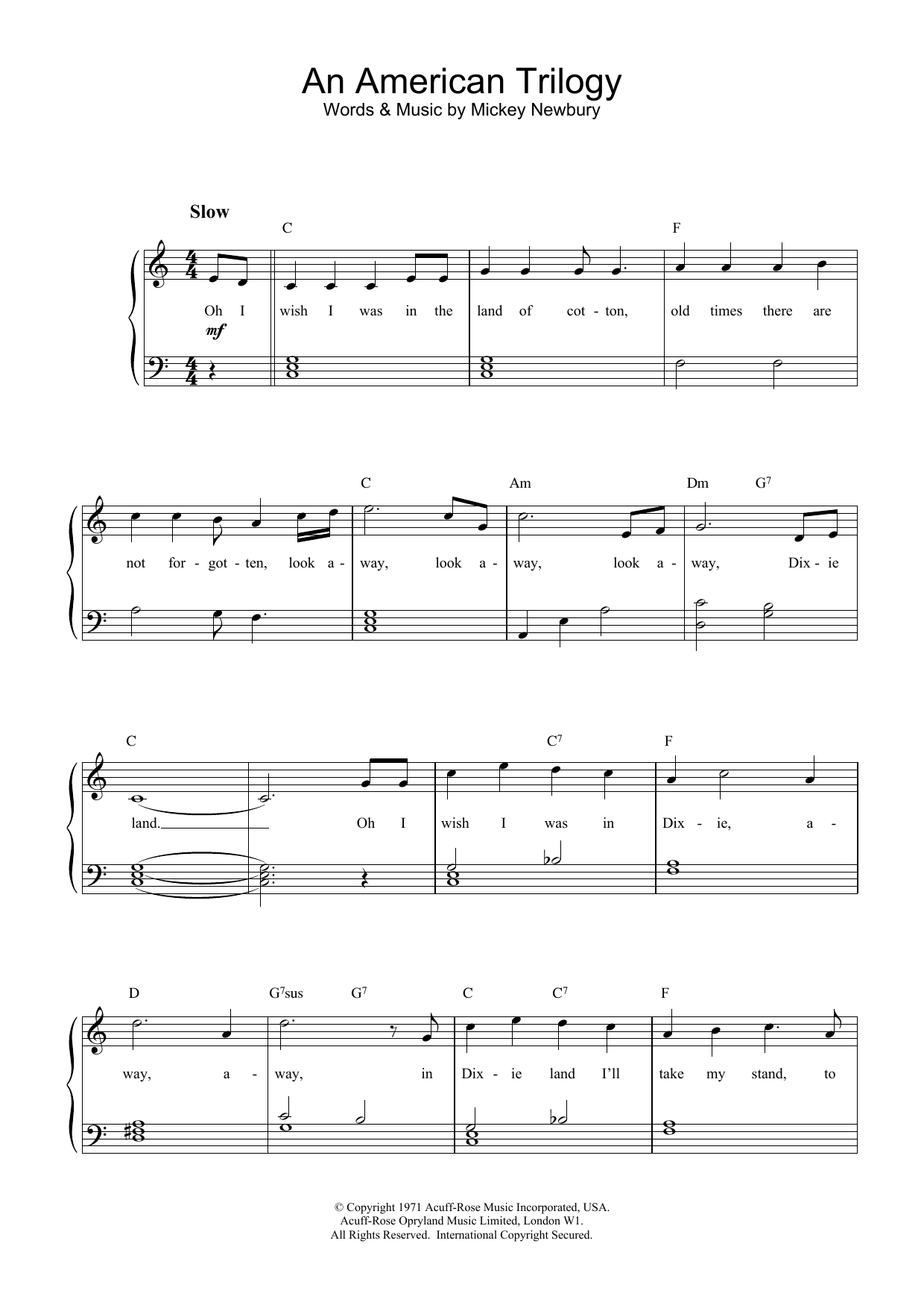 Elvis Presley An American Trilogy sheet music notes and chords arranged for Beginner Piano