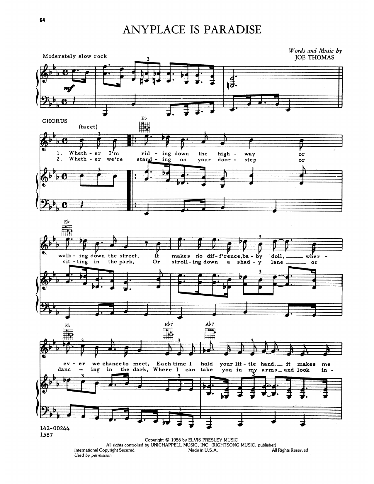 Elvis Presley Any Place Is Paradise sheet music notes and chords arranged for Piano, Vocal & Guitar Chords (Right-Hand Melody)