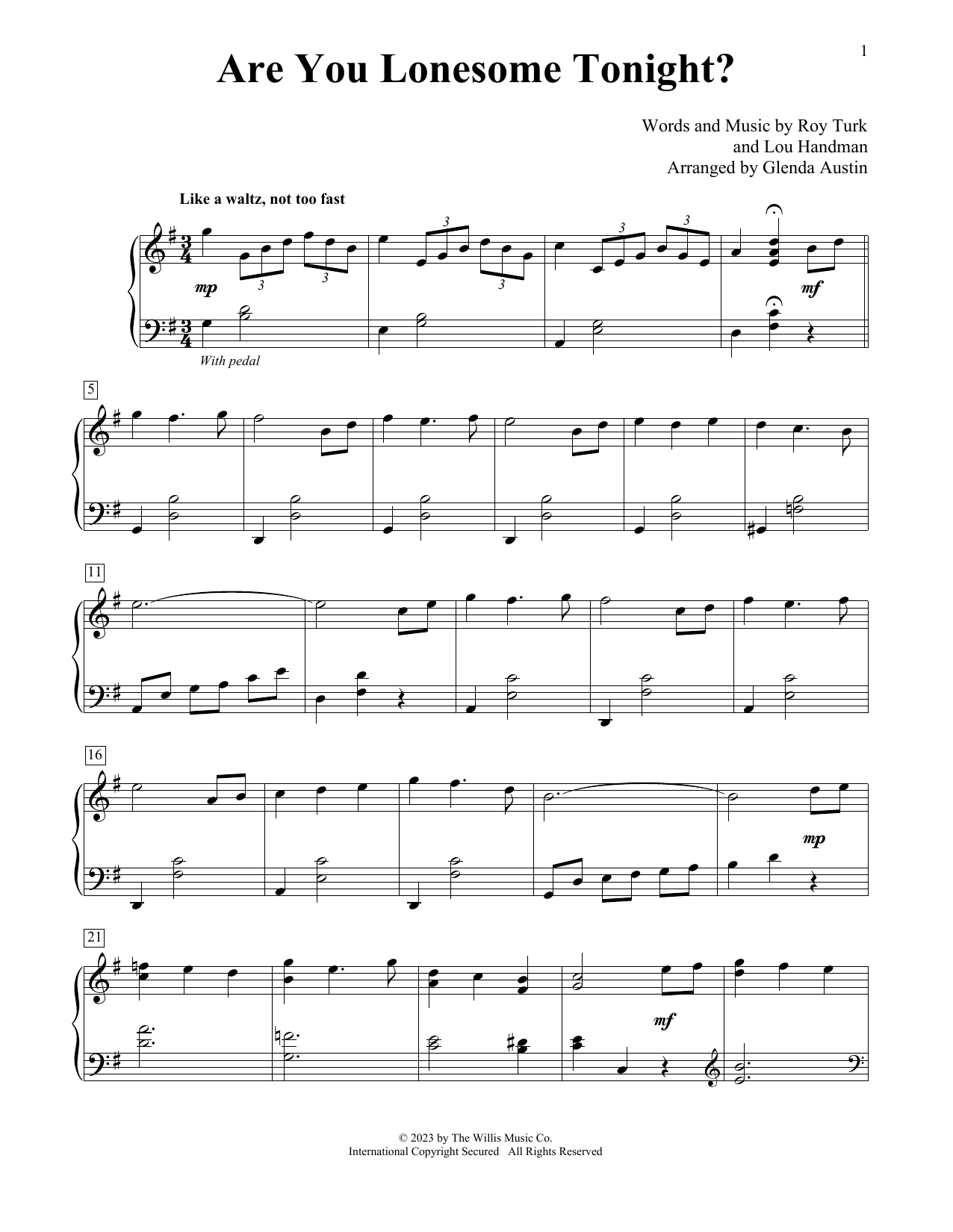 Elvis Presley Are You Lonesome Tonight? (arr. Glenda Austin) sheet music notes and chords arranged for Educational Piano