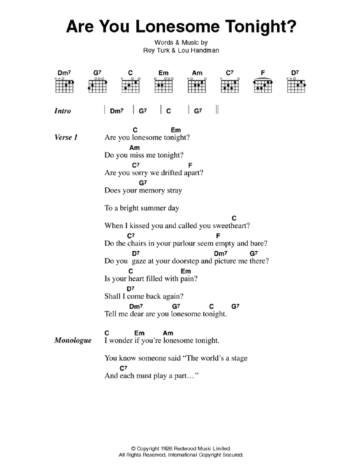 Elvis Presley Are You Lonesome Tonight? sheet music notes and chords arranged for Guitar Tab