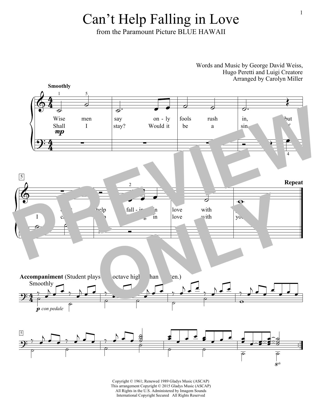 Elvis Presley (Arr. Carolyn Miller) Can't Help Falling In Love sheet music notes and chords arranged for Educational Piano