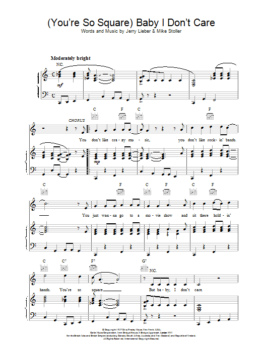 Elvis Presley Baby I Don't Care sheet music notes and chords arranged for Piano, Vocal & Guitar Chords