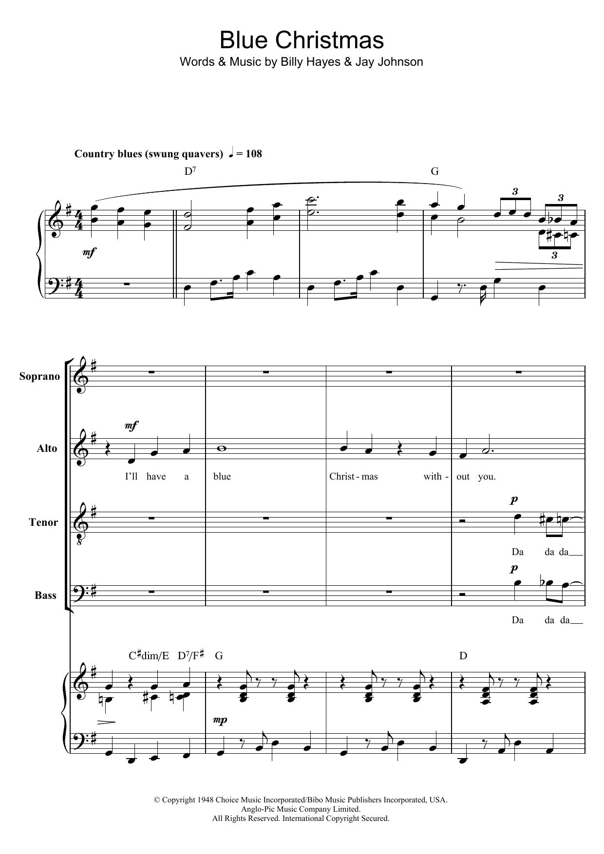 Elvis Presley Blue Christmas (arr. Berty Rice) sheet music notes and chords arranged for SATB Choir