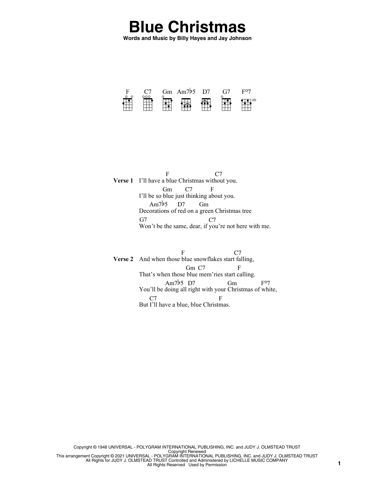 Elvis Presley Blue Christmas (arr. Fred Sokolow) sheet music notes and chords arranged for Ukulele