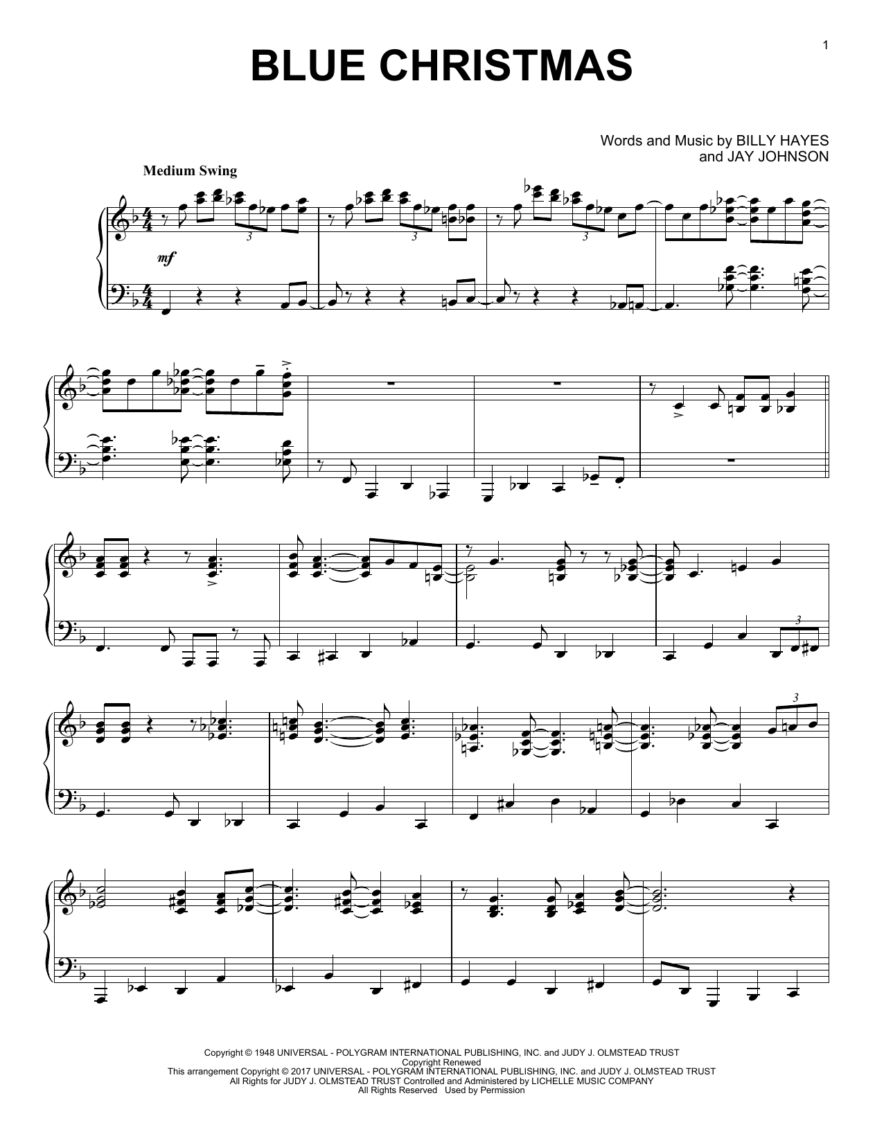 Elvis Presley Blue Christmas [Jazz version] sheet music notes and chords arranged for Piano Solo