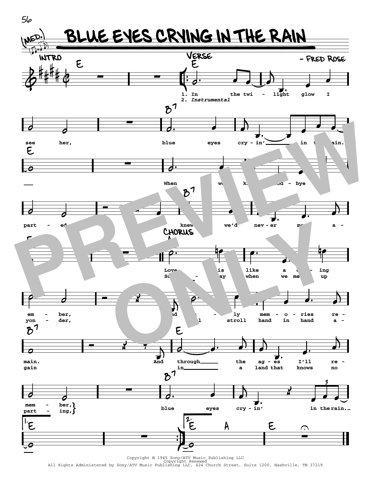 Elvis Presley Blue Eyes Crying In The Rain sheet music notes and chords arranged for Real Book – Melody, Lyrics & Chords