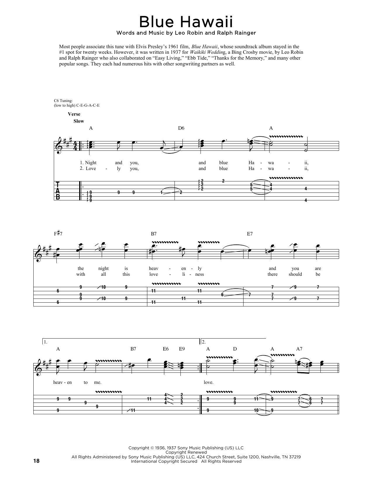 Elvis Presley Blue Hawaii (arr. Fred Sokolow) sheet music notes and chords arranged for Guitar Tab