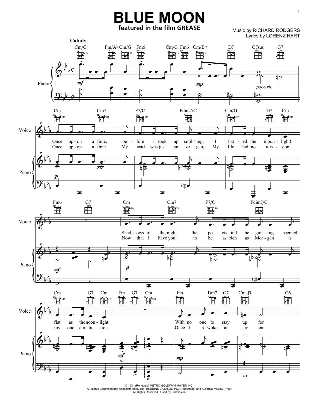 Elvis Presley Blue Moon sheet music notes and chords arranged for Piano, Vocal & Guitar Chords (Right-Hand Melody)