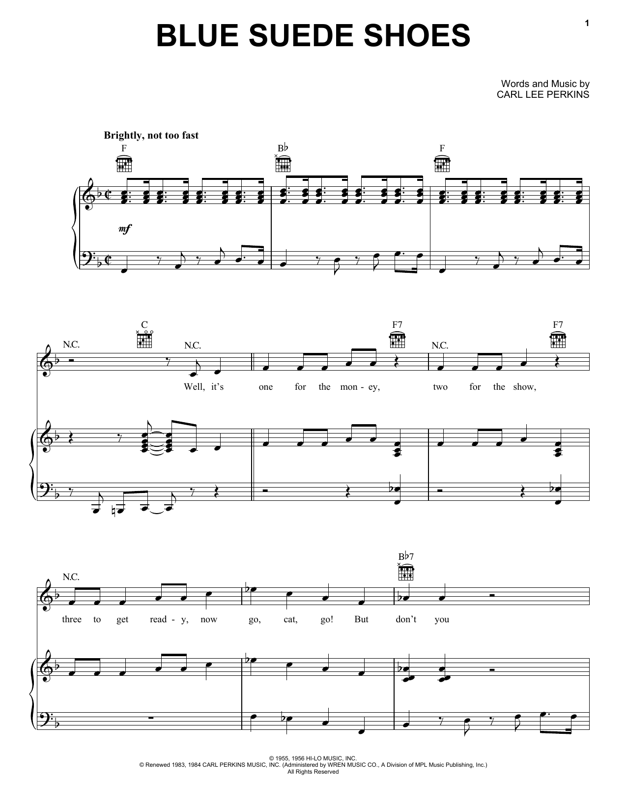 Elvis Presley Blue Suede Shoes sheet music notes and chords arranged for Piano, Vocal & Guitar Chords (Right-Hand Melody)
