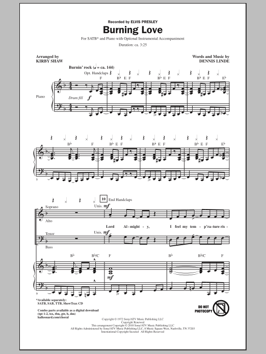 Elvis Presley Burning Love (arr. Kirby Shaw) sheet music notes and chords arranged for SATB Choir