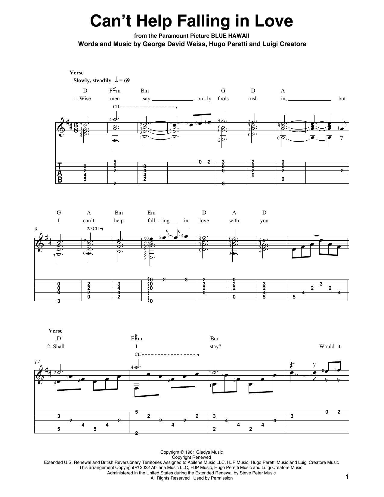 Elvis Presley Can't Help Falling In Love (arr. Ben Pila) sheet music notes and chords arranged for Solo Guitar