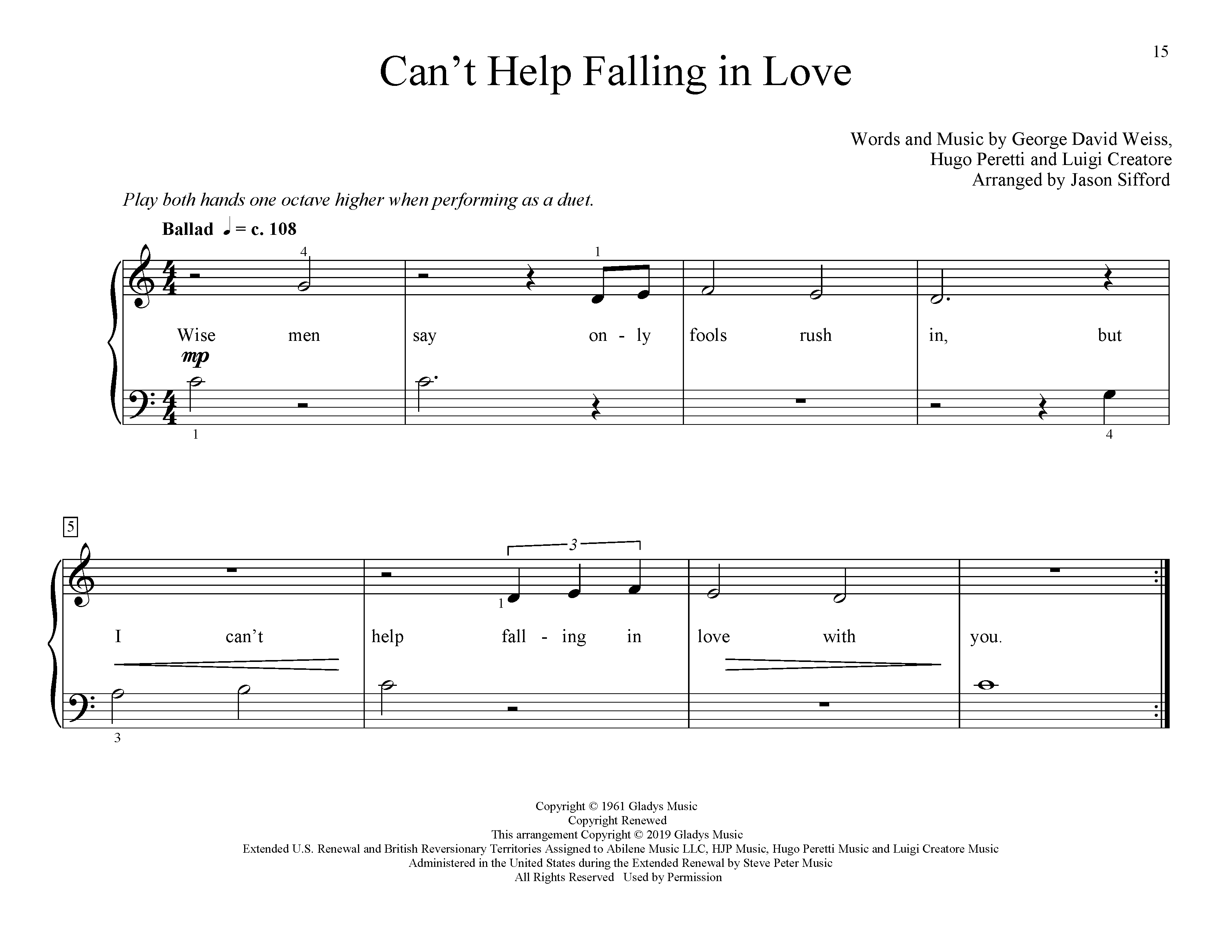 Elvis Presley Can't Help Falling In Love (arr. Jason Sifford) sheet music notes and chords arranged for Educational Piano