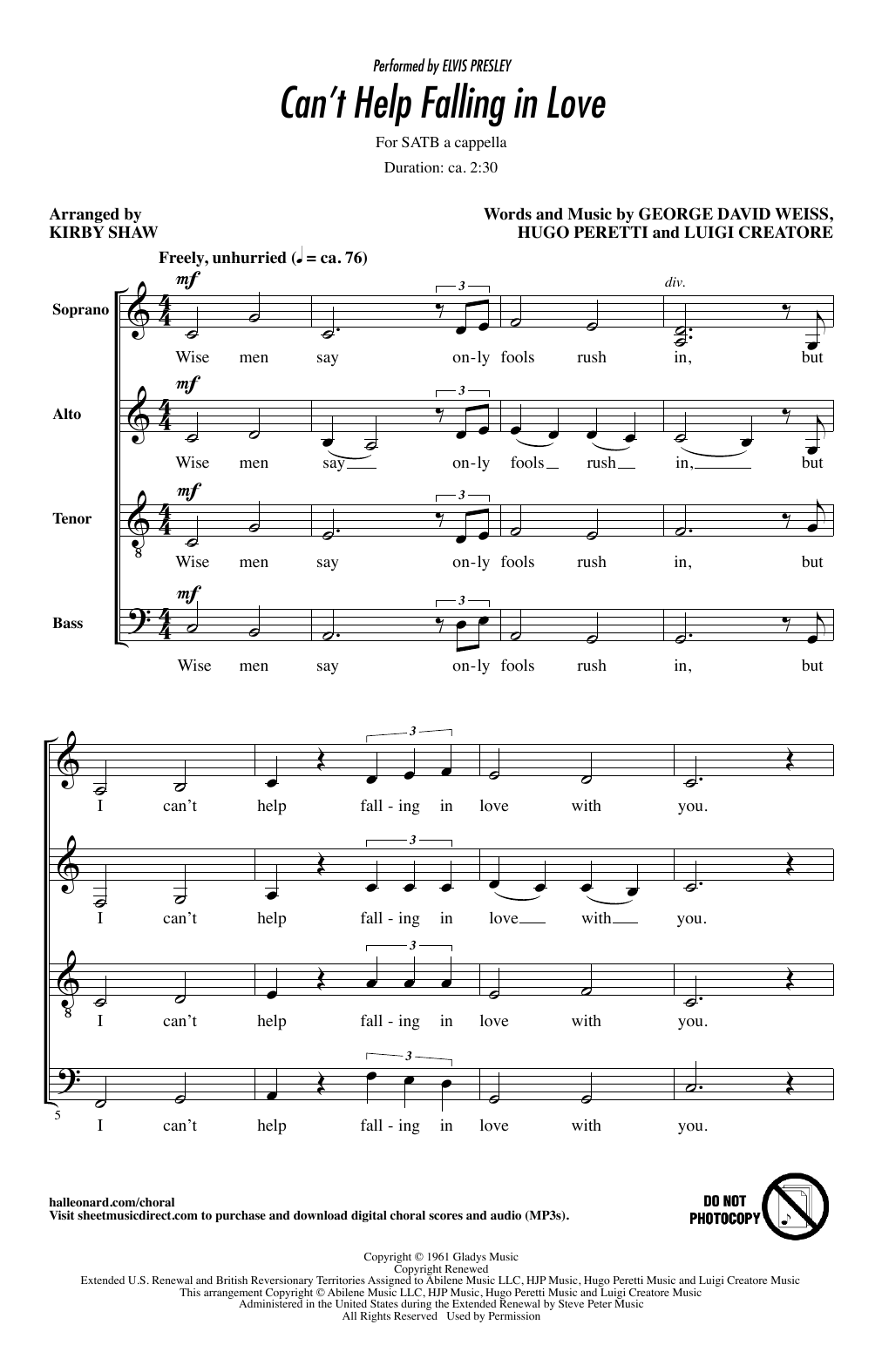 Elvis Presley Can't Help Falling In Love (arr. Kirby Shaw) sheet music notes and chords arranged for SATB Choir