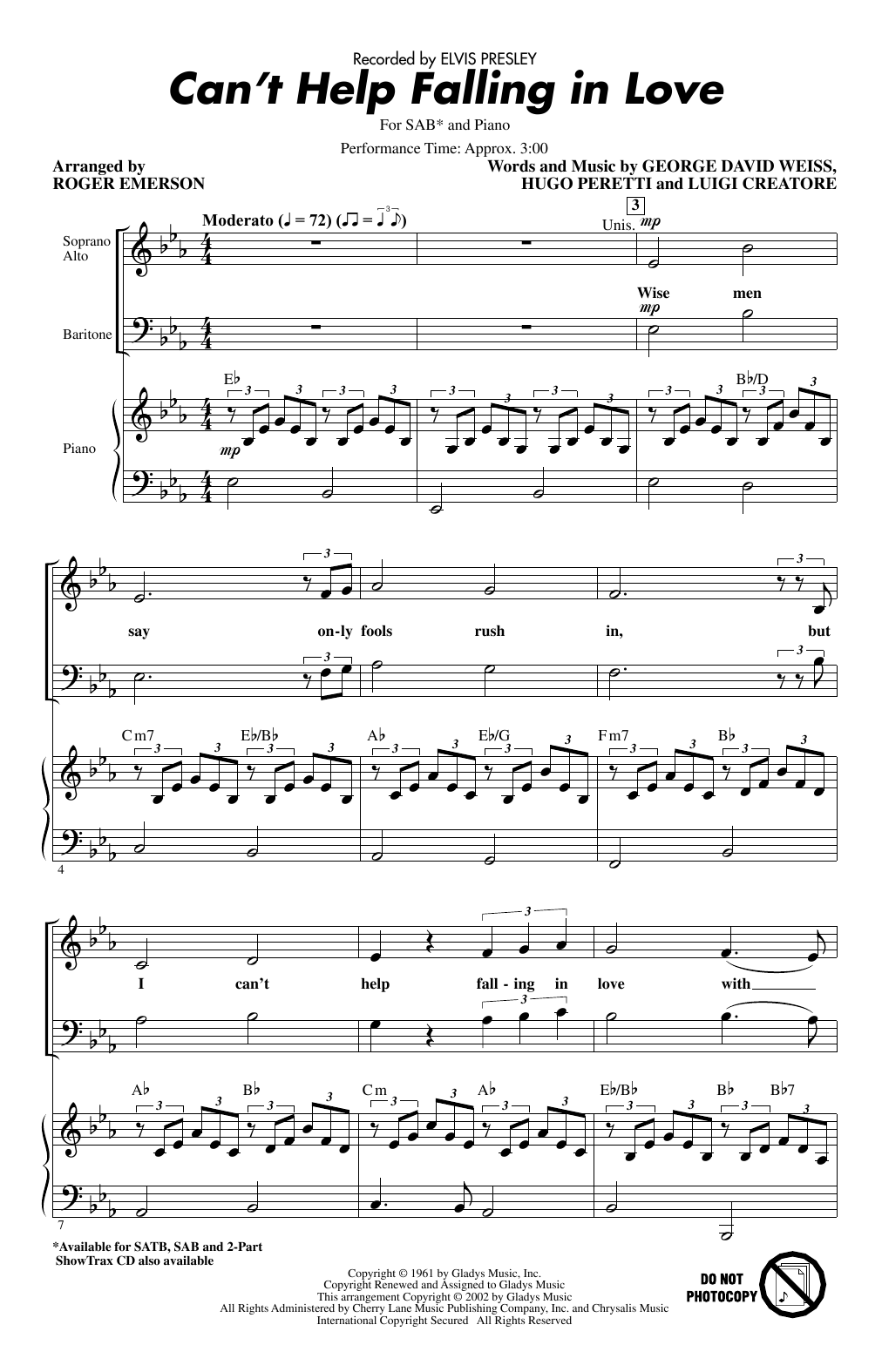 Elvis Presley Can't Help Falling In Love (arr. Roger Emerson) sheet music notes and chords arranged for SAB Choir