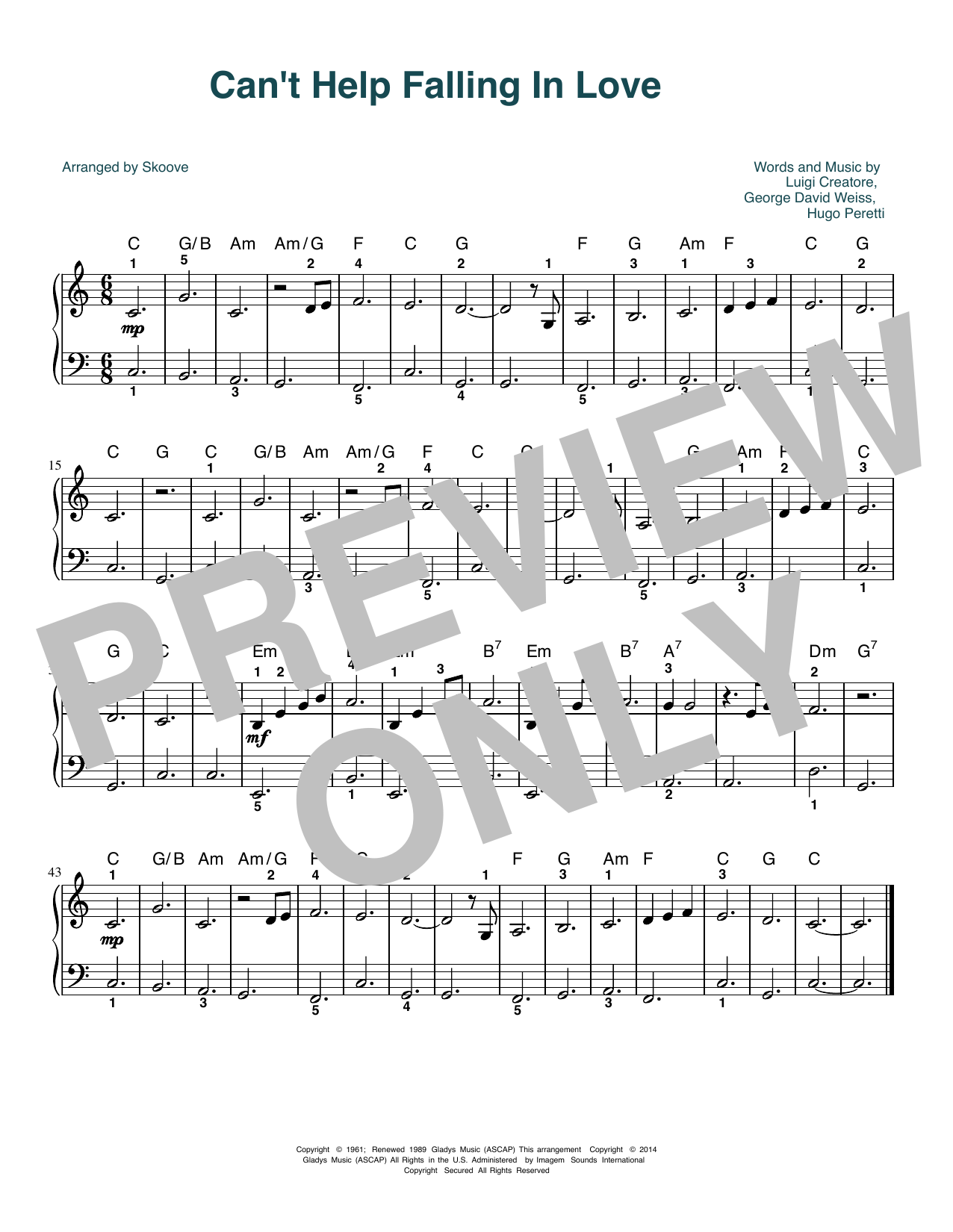 Elvis Presley Can't Help Falling In Love (arr. Skoove) sheet music notes and chords arranged for Easy Piano