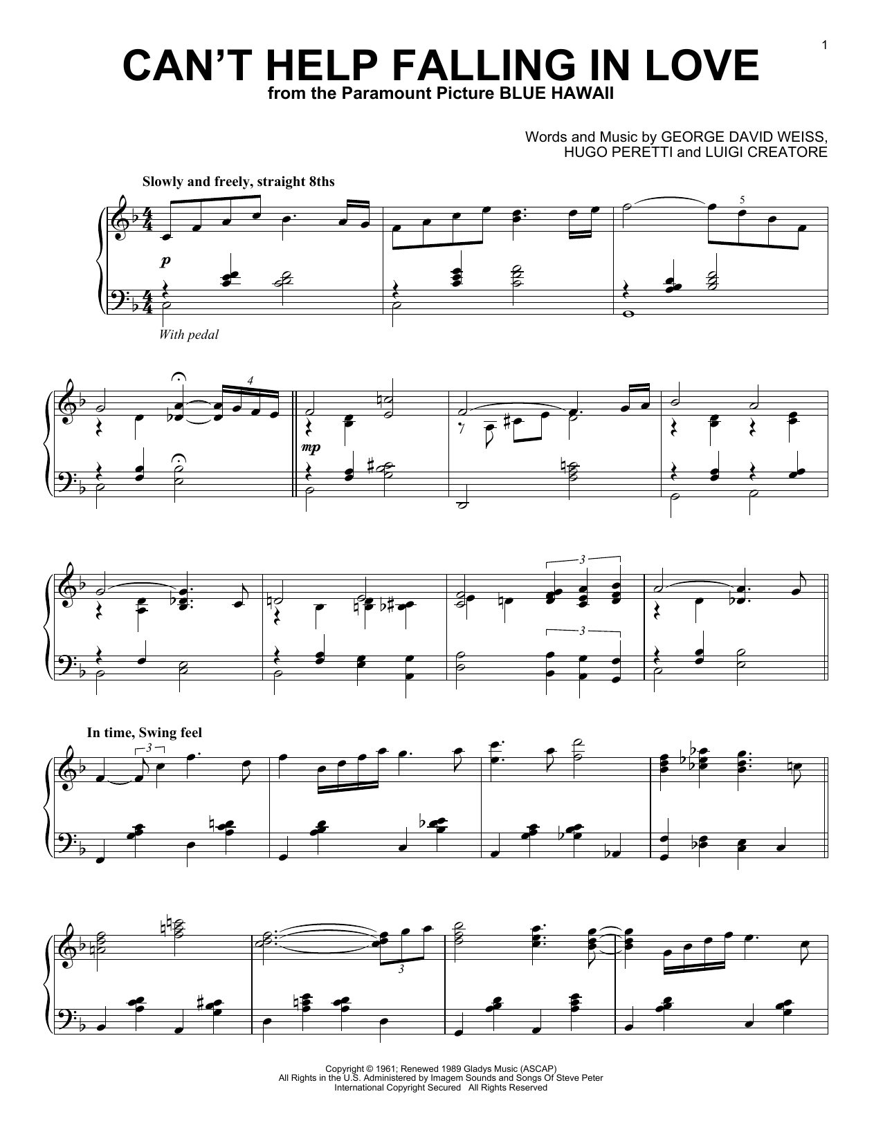 Elvis Presley Can't Help Falling In Love [Jazz version] sheet music notes and chords arranged for Piano Solo