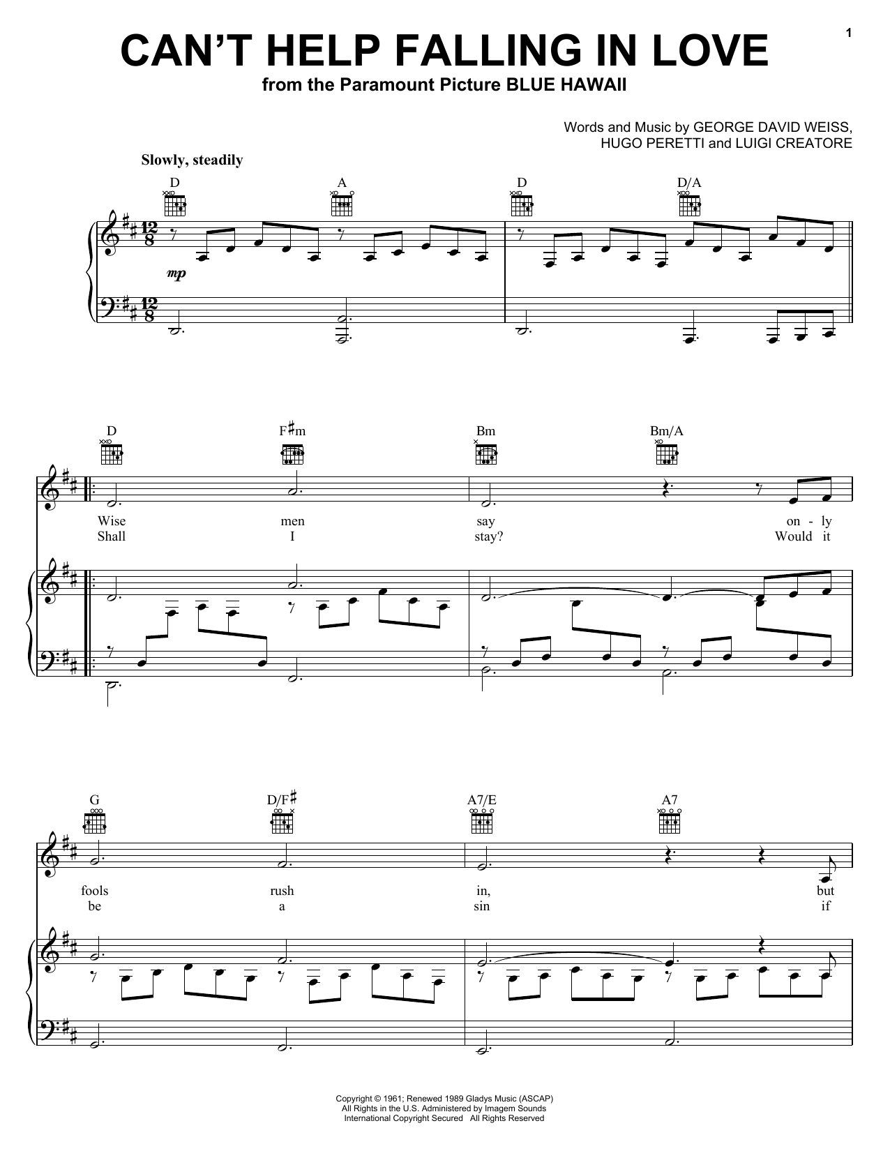 Elvis Presley Can't Help Falling In Love sheet music notes and chords arranged for Easy Piano