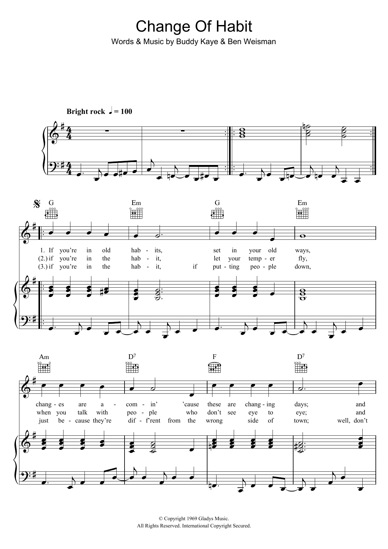 Elvis Presley Change Of Habit sheet music notes and chords arranged for Piano, Vocal & Guitar Chords (Right-Hand Melody)