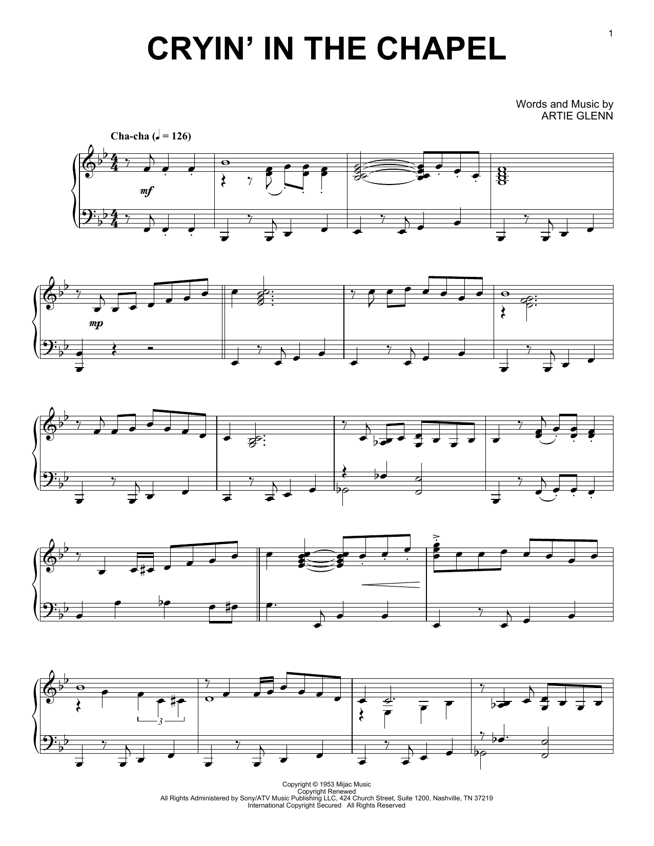 Elvis Presley Cryin' In The Chapel [Jazz version] sheet music notes and chords arranged for Piano Solo