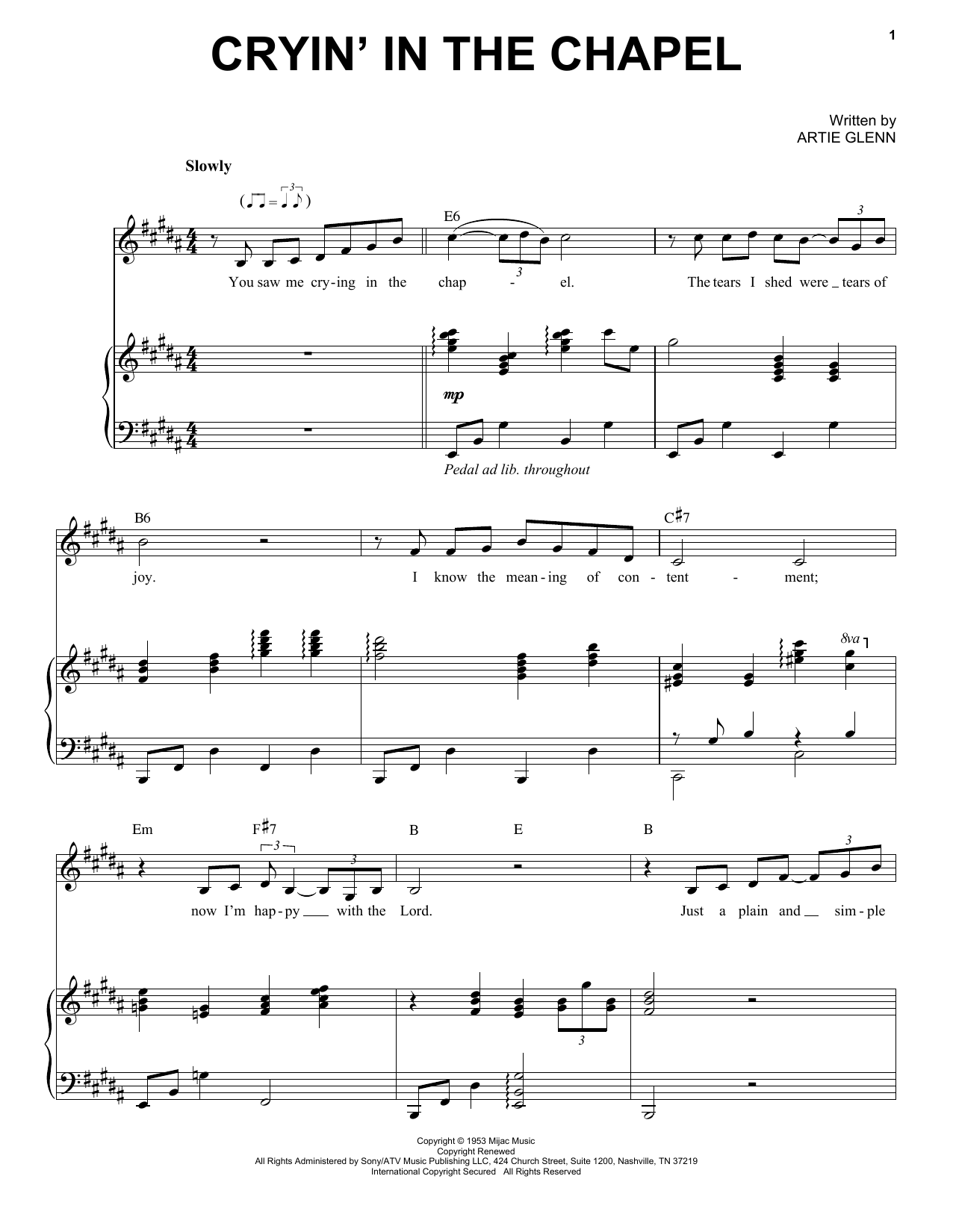 Elvis Presley Cryin' In The Chapel sheet music notes and chords arranged for Piano & Vocal