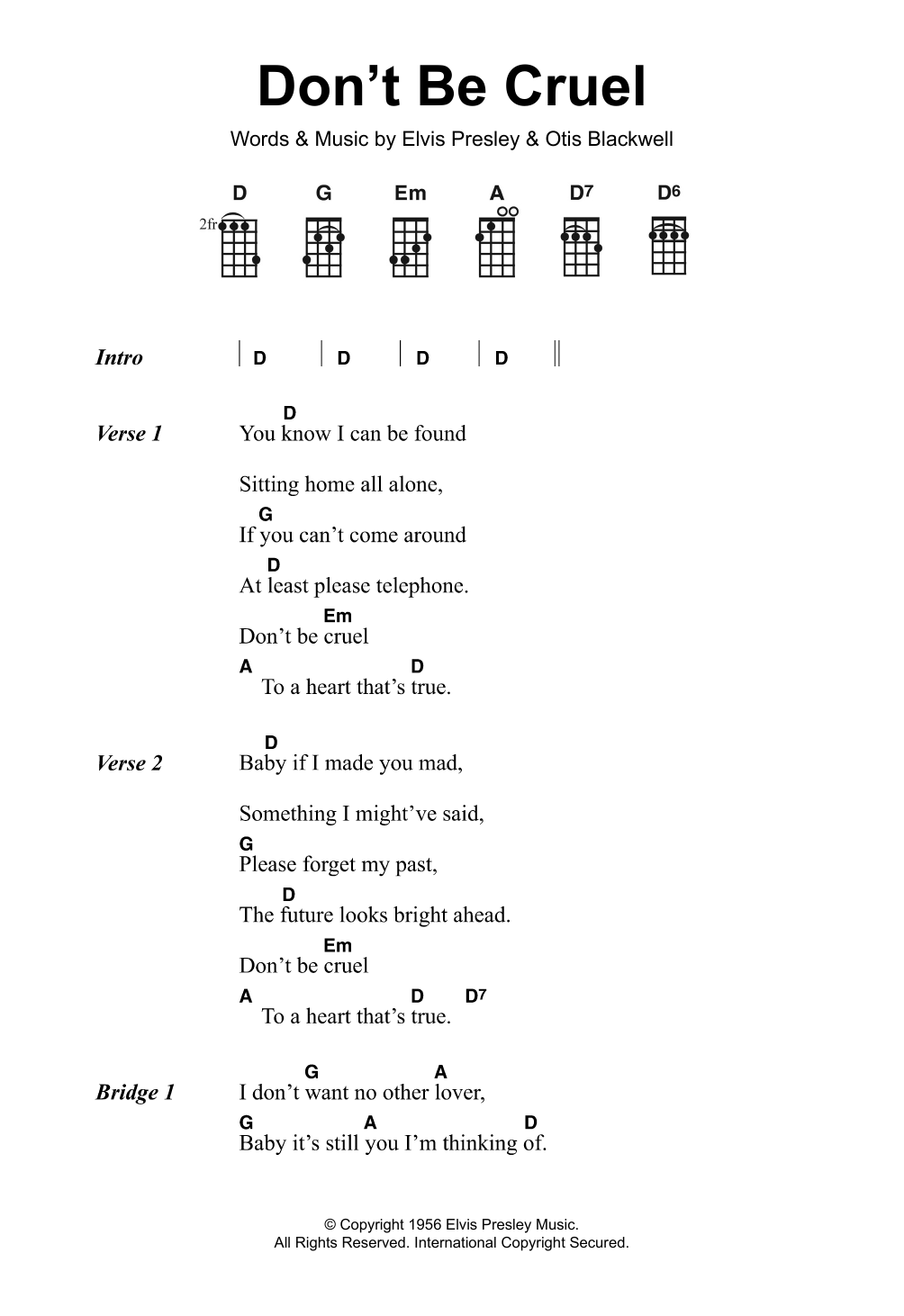Elvis Presley Don't Be Cruel sheet music notes and chords arranged for Guitar Chords/Lyrics