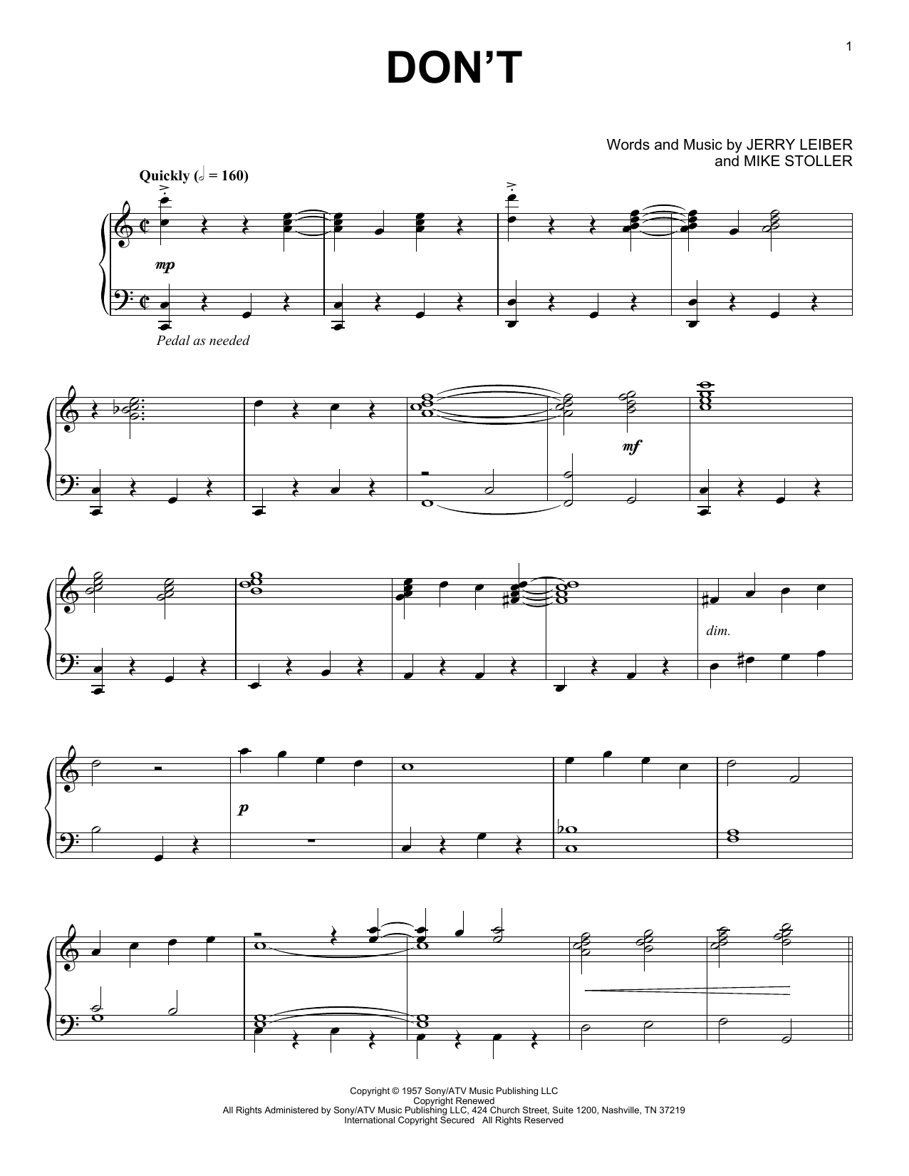 Elvis Presley Don't [Jazz version] sheet music notes and chords arranged for Piano Solo