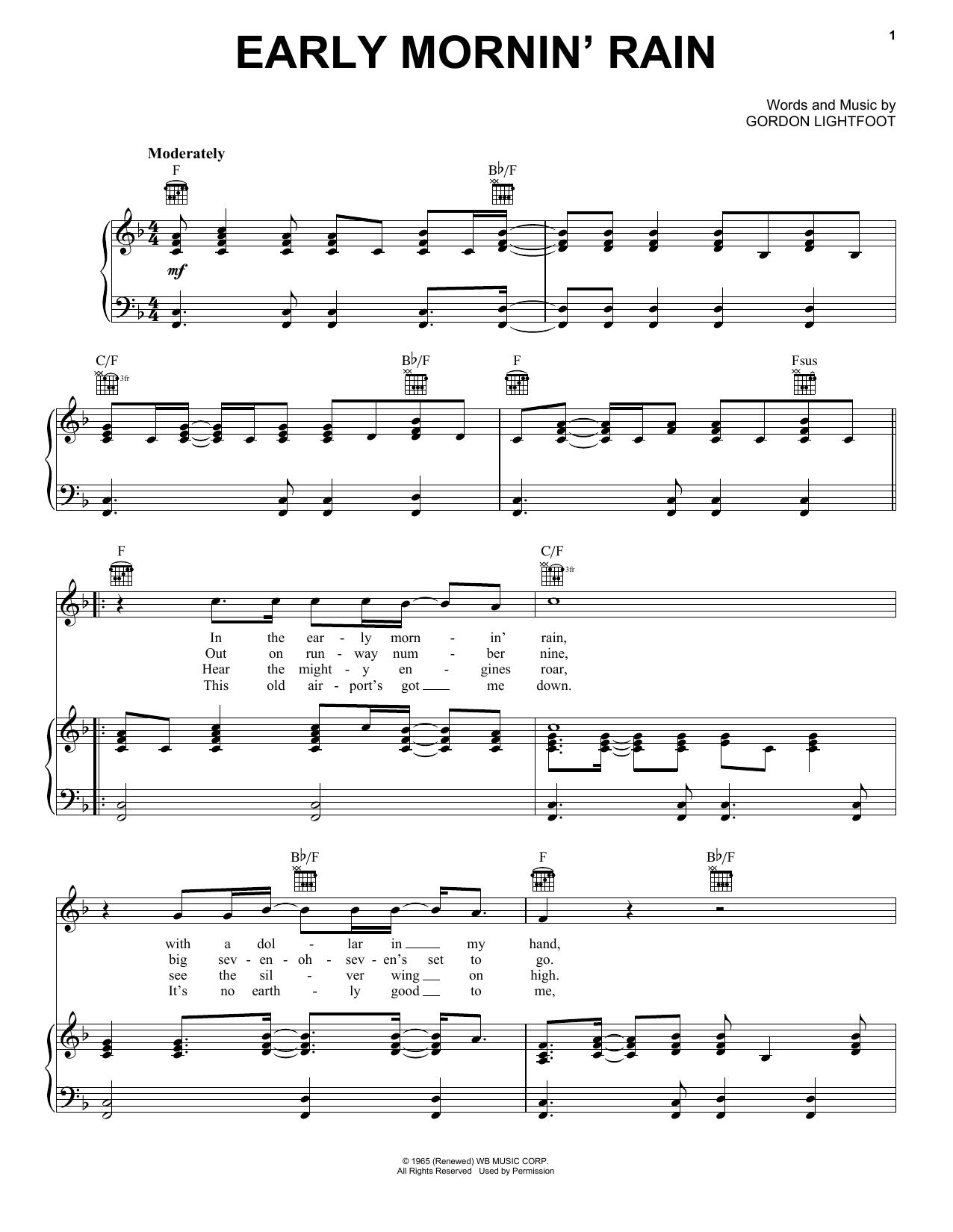 Elvis Presley Early Mornin' Rain sheet music notes and chords arranged for Piano, Vocal & Guitar Chords (Right-Hand Melody)