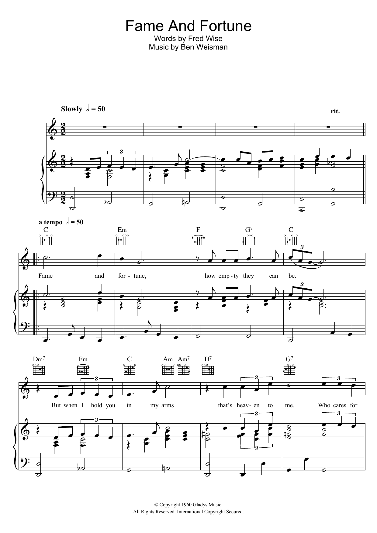 Elvis Presley Fame And Fortune sheet music notes and chords arranged for Piano, Vocal & Guitar Chords