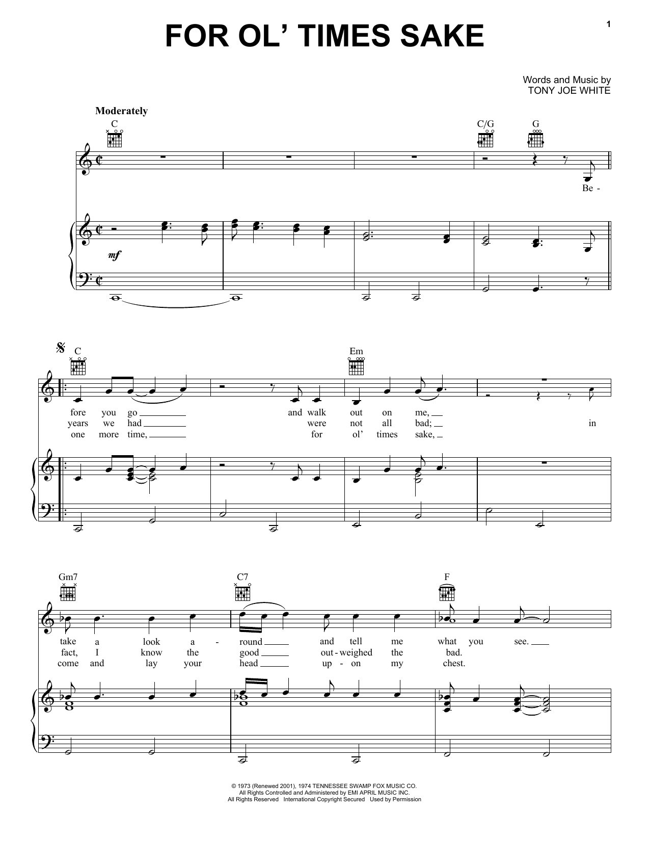 Elvis Presley For Ol' Times Sake sheet music notes and chords arranged for Piano, Vocal & Guitar Chords (Right-Hand Melody)