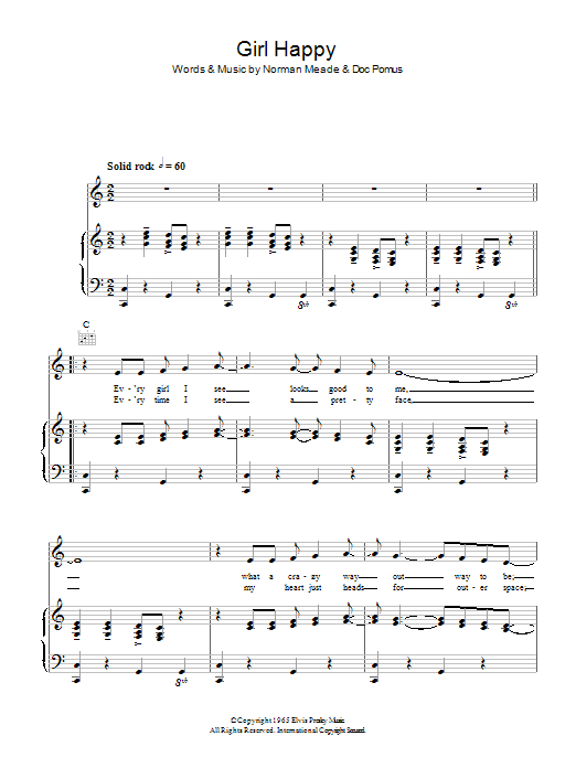 Elvis Presley Girl Happy sheet music notes and chords arranged for Piano, Vocal & Guitar Chords