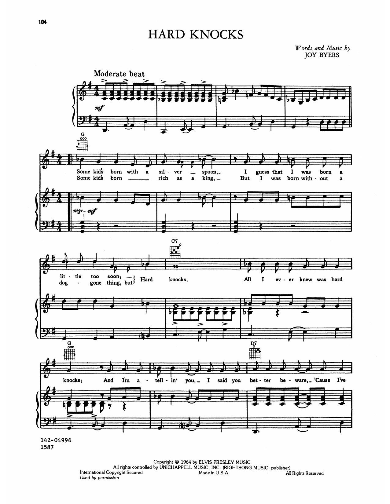 Elvis Presley Hard Knocks sheet music notes and chords arranged for Piano, Vocal & Guitar Chords (Right-Hand Melody)