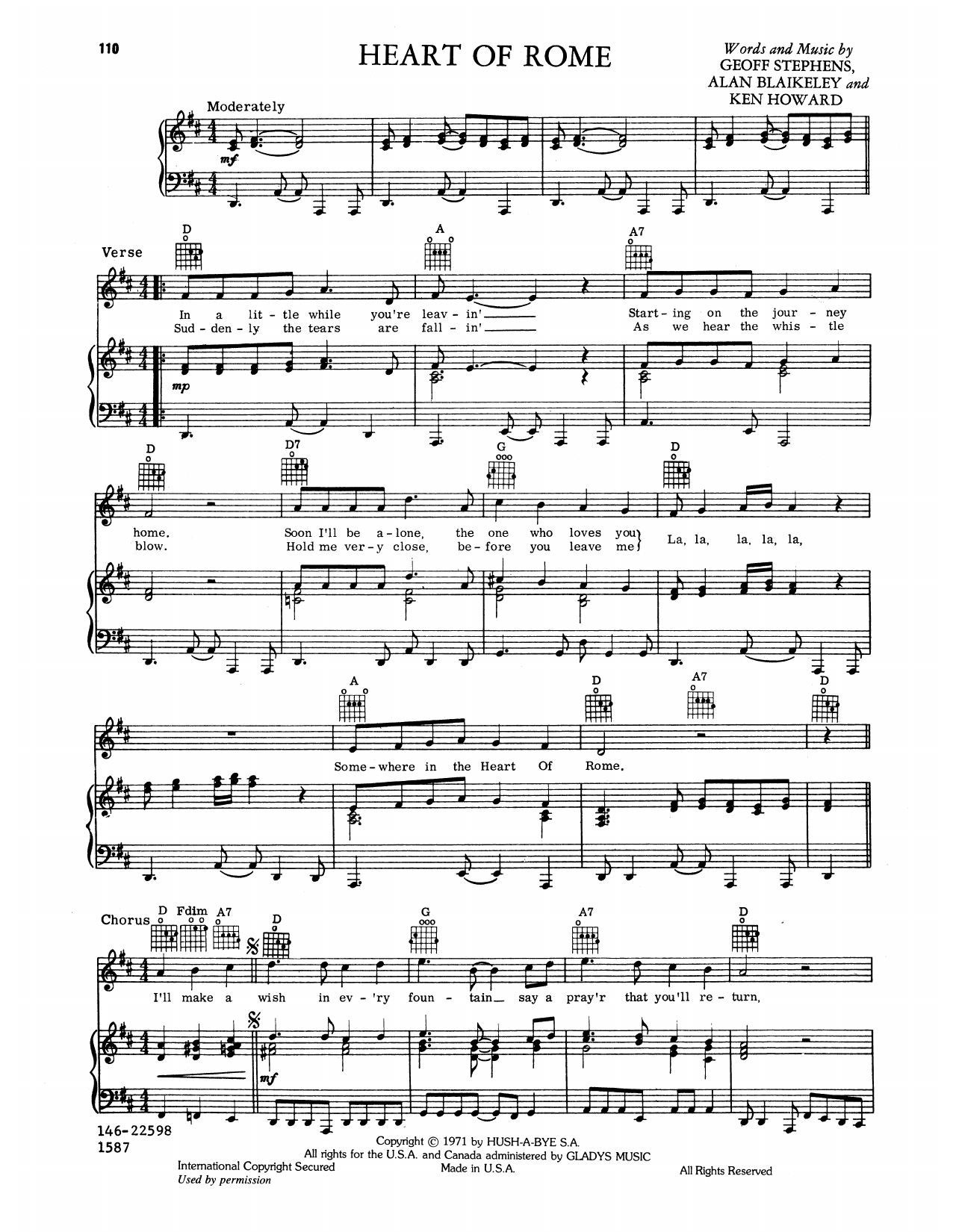Elvis Presley Heart Of Rome sheet music notes and chords arranged for Piano, Vocal & Guitar Chords (Right-Hand Melody)