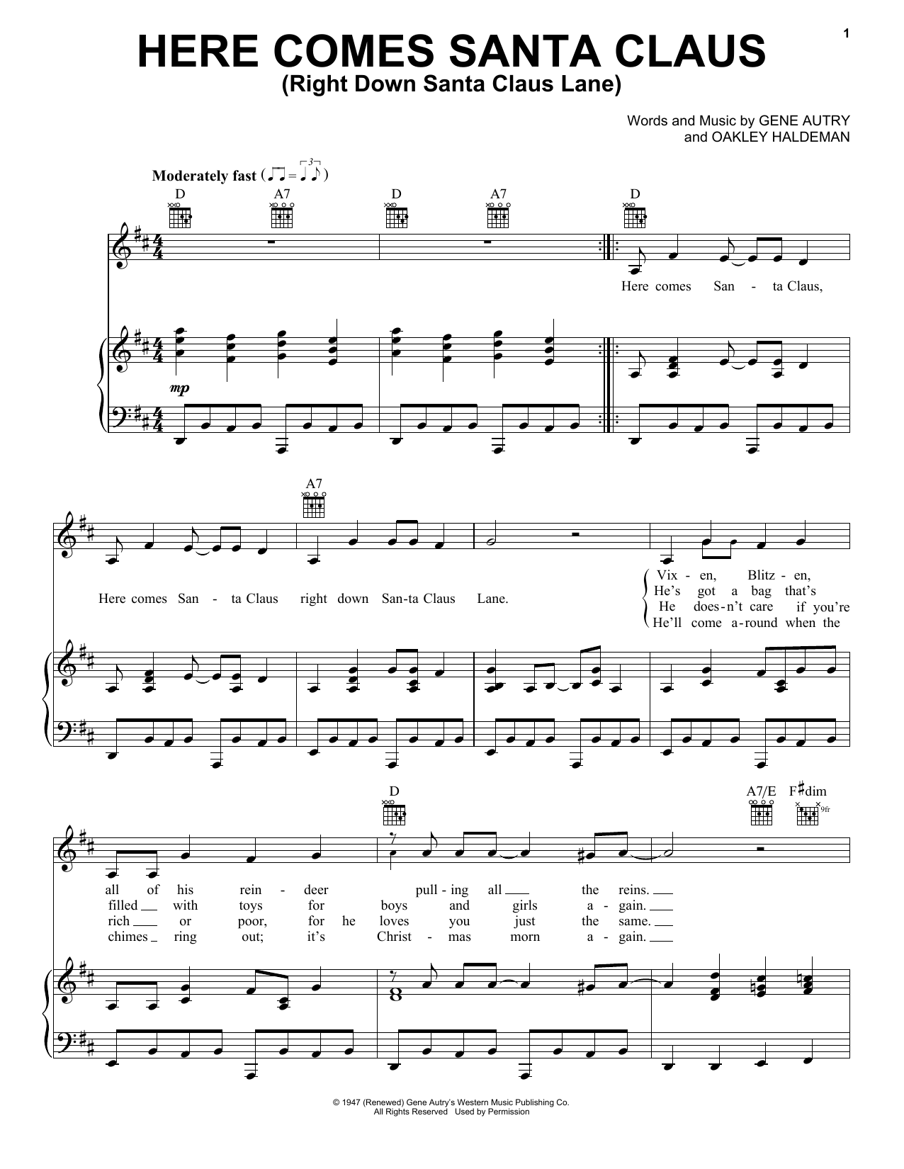 Elvis Presley Here Comes Santa Claus (Right Down Santa Claus Lane) sheet music notes and chords arranged for Piano, Vocal & Guitar Chords (Right-Hand Melody)