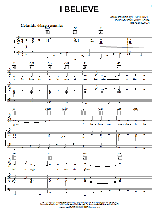 Elvis Presley I Believe sheet music notes and chords arranged for Piano, Vocal & Guitar Chords (Right-Hand Melody)