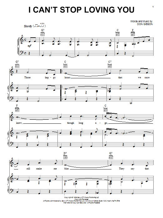 Elvis Presley I Can't Stop Loving You sheet music notes and chords arranged for Piano, Vocal & Guitar Chords (Right-Hand Melody)