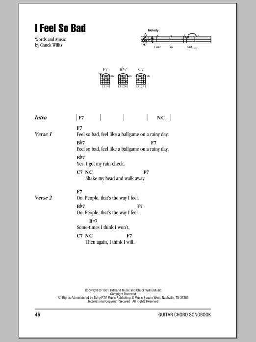 Elvis Presley I Feel So Bad sheet music notes and chords arranged for Piano, Vocal & Guitar Chords
