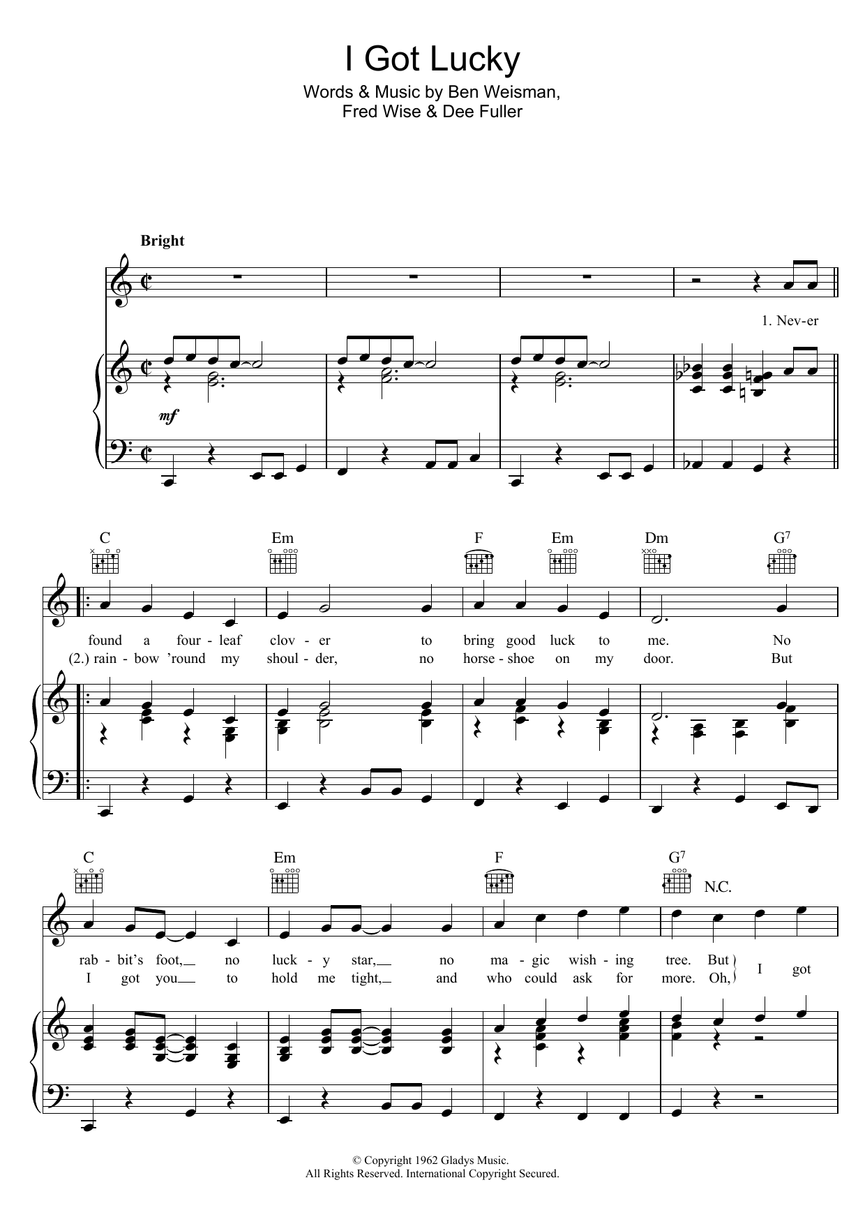 Elvis Presley I Got Lucky sheet music notes and chords arranged for Piano, Vocal & Guitar Chords