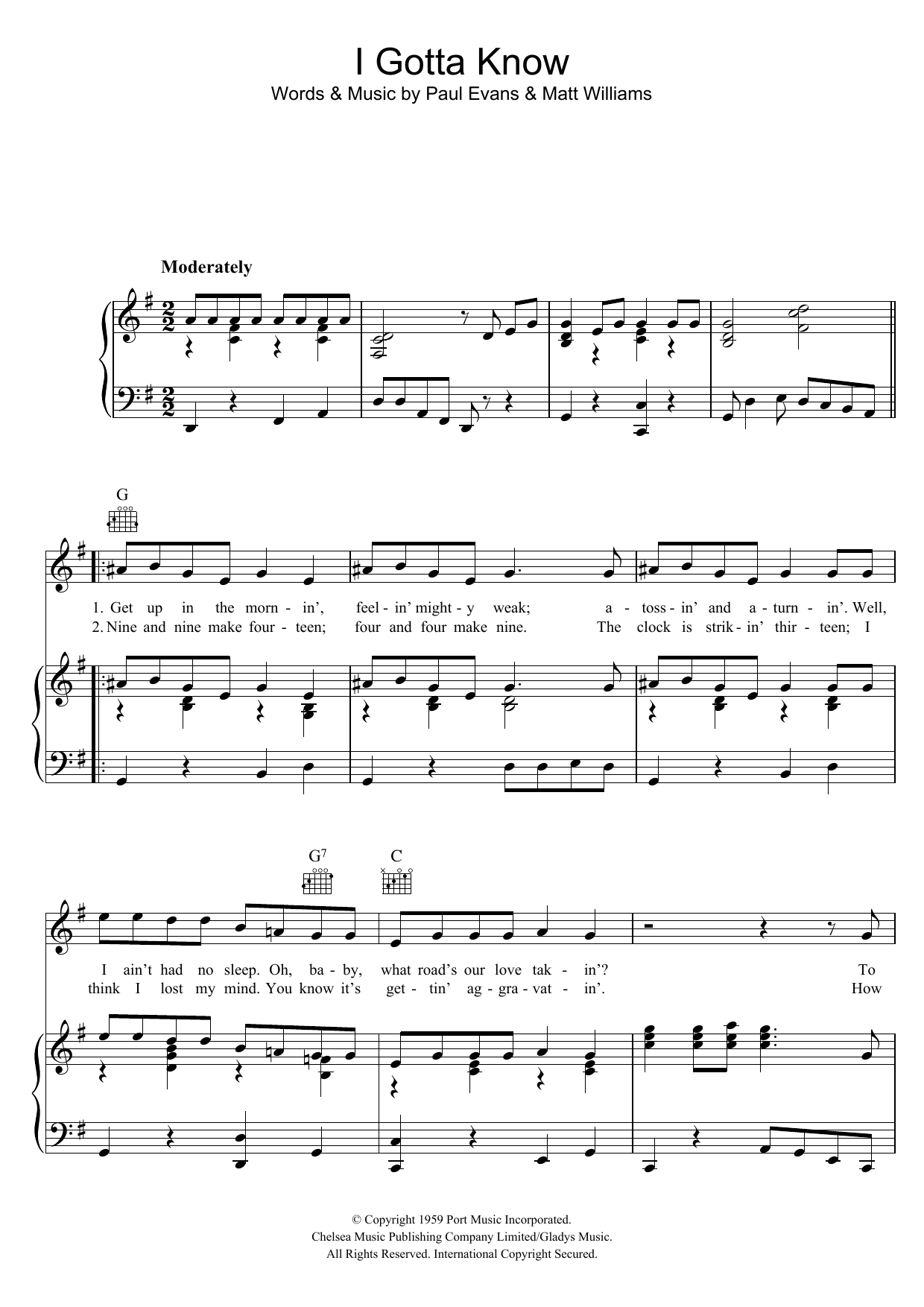 Elvis Presley I Gotta Know sheet music notes and chords arranged for Piano, Vocal & Guitar Chords