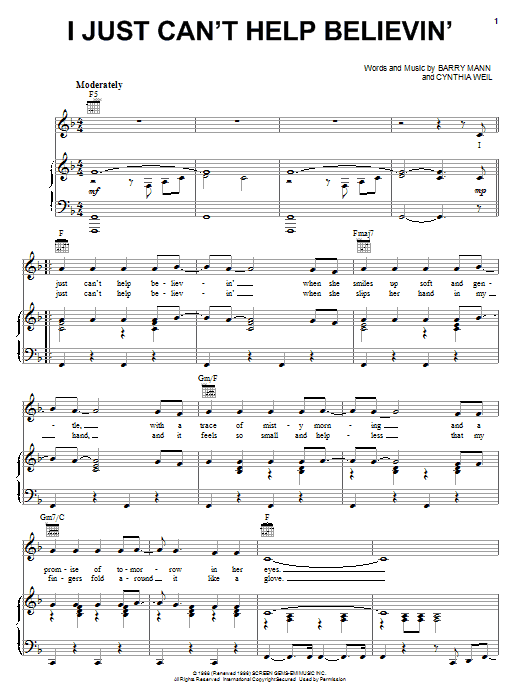 Elvis Presley I Just Can't Help Believin' sheet music notes and chords arranged for Guitar Chords/Lyrics